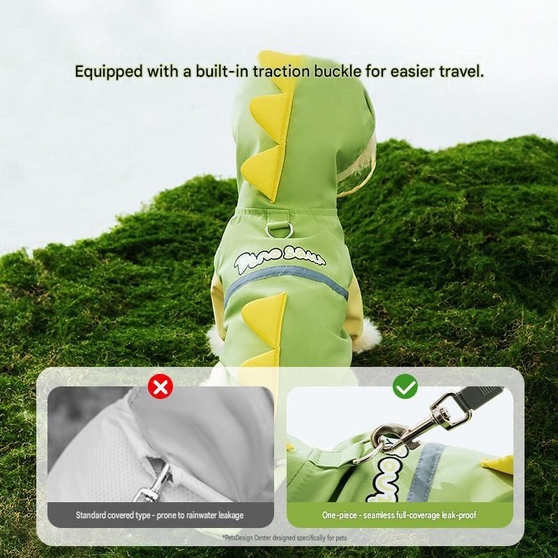 Green Size 2XL Waterproof Dinosaur Dog Raincoat with Harness Hole Full Body Pet Rain Jacket for Small Dogs Tail Cover Lightweight Outdoor Walking