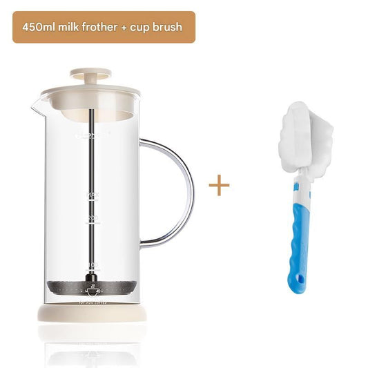 Manual Milk Frother Glass Mug 450ml Hand Press Coffee Foamer Stainless Steel Filter Barista Style Milk Foam Maker for Home Coffee Latte Cappuccino