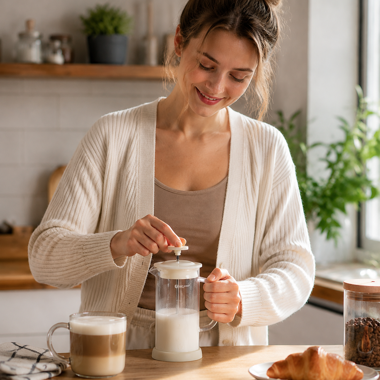 Manual Milk Frother Glass Mug 450ml Hand Press Coffee Foamer Stainless Steel Filter Barista Style Milk Foam Maker for Home Coffee Latte Cappuccino
