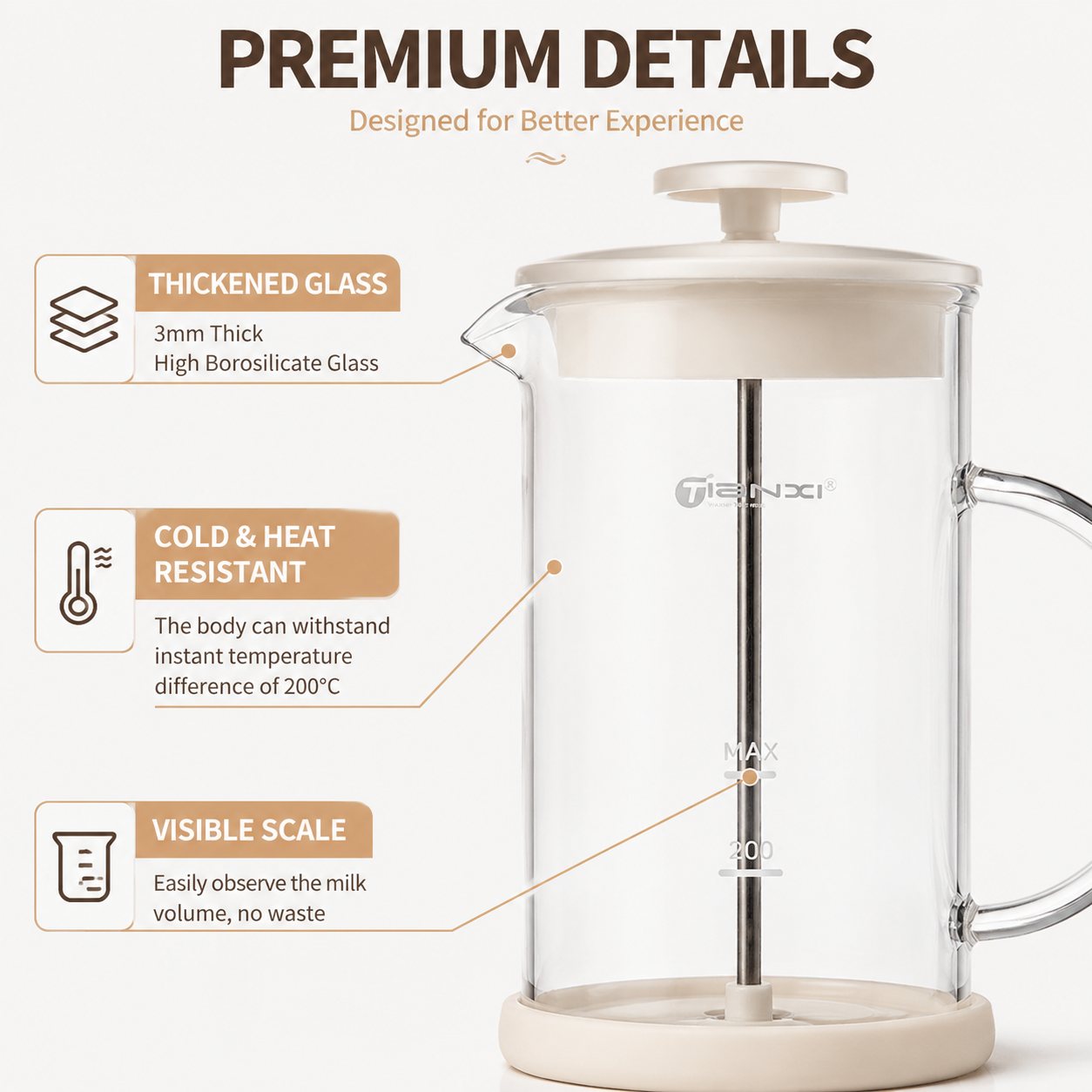 Manual Milk Frother Glass Mug 450ml Hand Press Coffee Foamer Stainless Steel Filter Barista Style Milk Foam Maker for Home Coffee Latte Cappuccino
