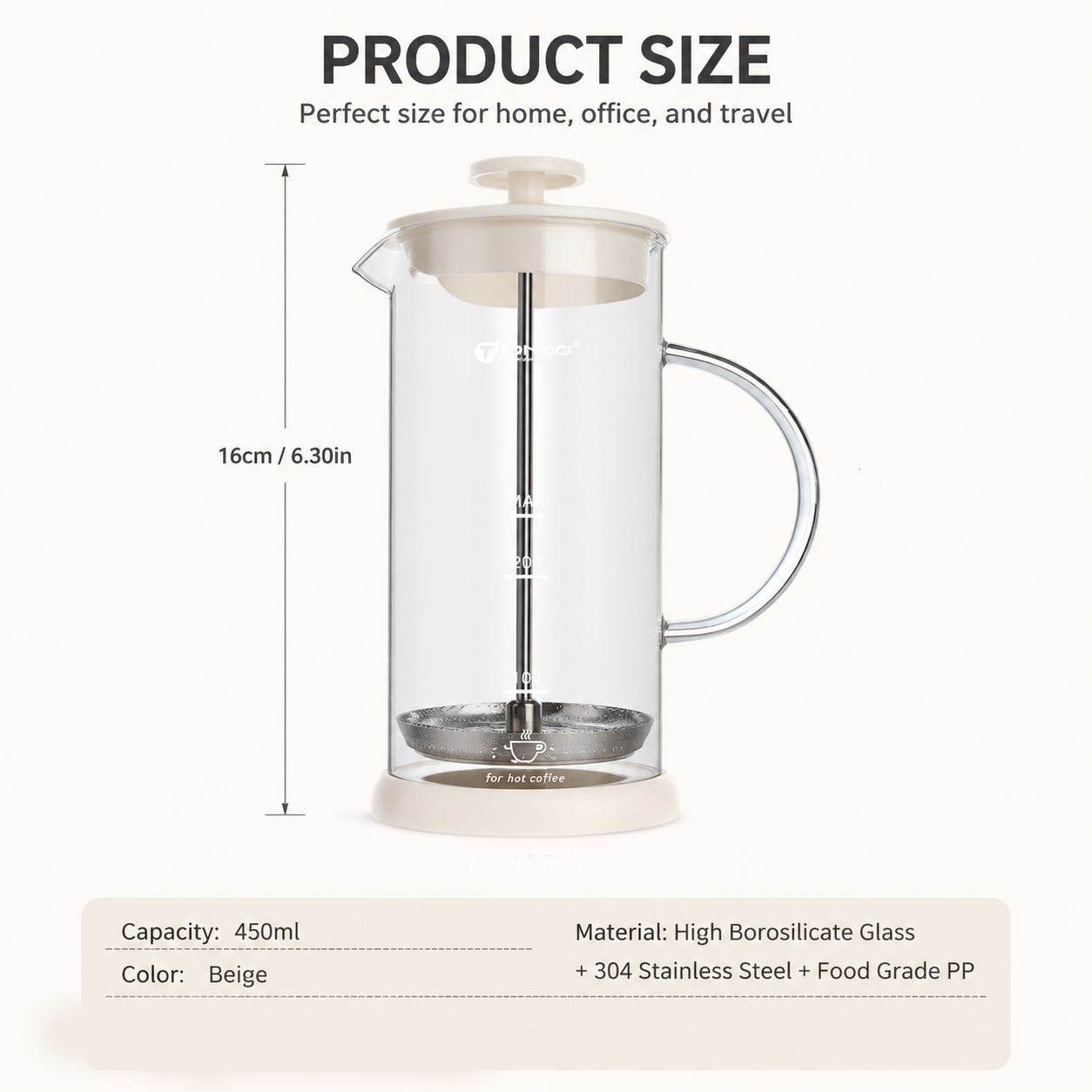 Manual Milk Frother Glass Mug 450ml Hand Press Coffee Foamer Stainless Steel Filter Barista Style Milk Foam Maker for Home Coffee Latte Cappuccino