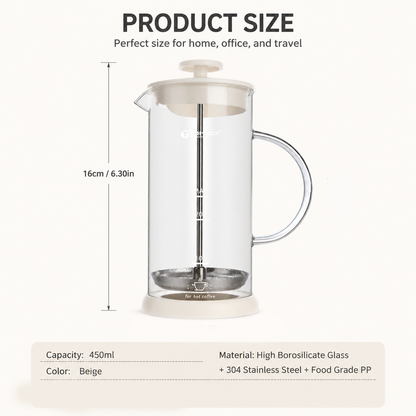 Manual Milk Frother Glass Mug 450ml Hand Press Coffee Foamer Stainless Steel Filter Barista Style Milk Foam Maker for Home Coffee Latte Cappuccino