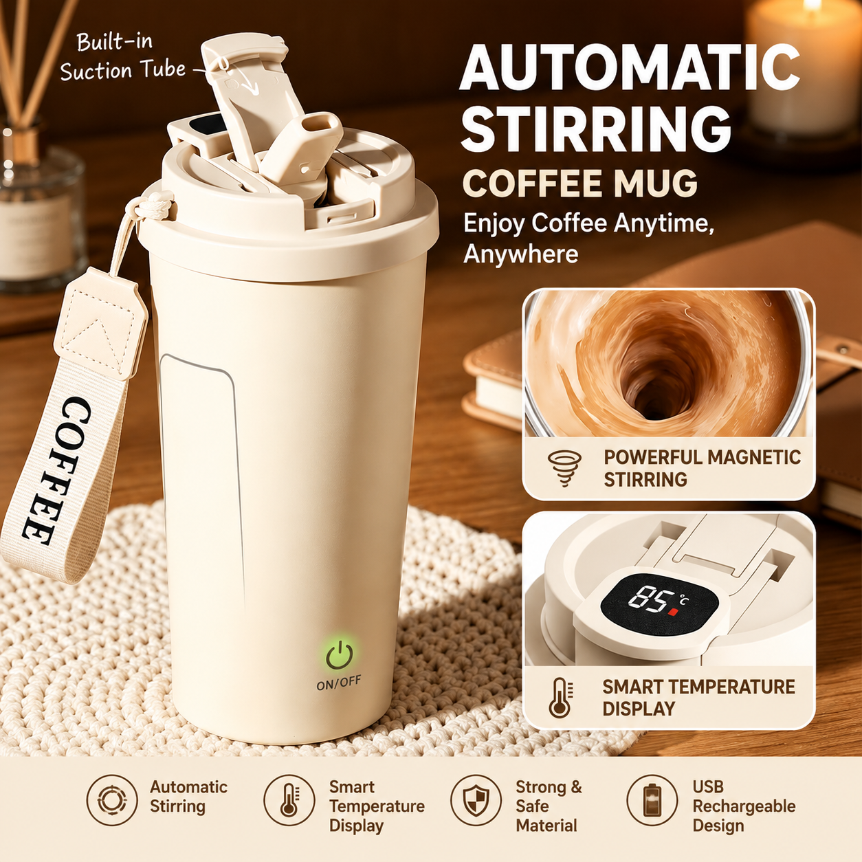 Automatic Stirring Coffee Mug 400ml USB Rechargeable Magnetic Mixing Tumbler with Smart Temperature Display Splash Resistant Lid Portable Coffee Cup for Home Office Travel Gym