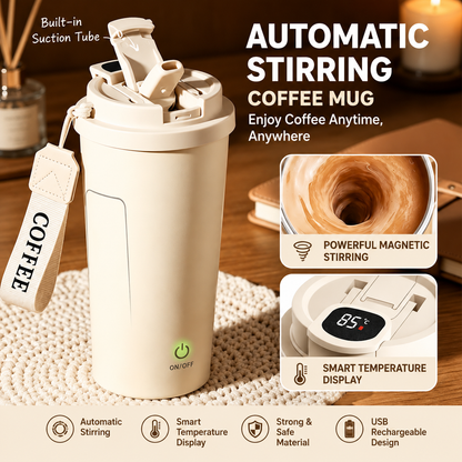 Automatic Stirring Coffee Mug 400ml USB Rechargeable Magnetic Mixing Tumbler with Smart Temperature Display Splash Resistant Lid Portable Coffee Cup for Home Office Travel Gym