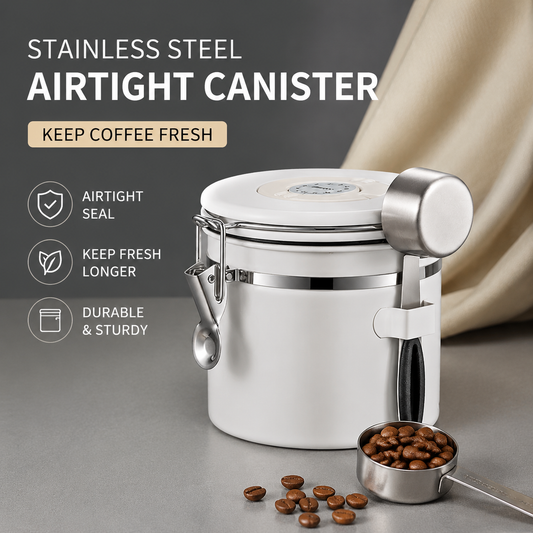 White 304 Stainless Steel Airtight Coffee Canister 1200ml Vacuum Seal Storage Jar with Date Tracker & Measuring Scoop for Coffee Beans Tea Storage