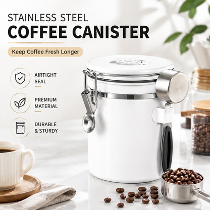 White 304 Stainless Steel Airtight Coffee Canister 1500ml Vacuum Seal Storage Jar with Date Tracker & Measuring Scoop for Coffee Beans Tea Storage