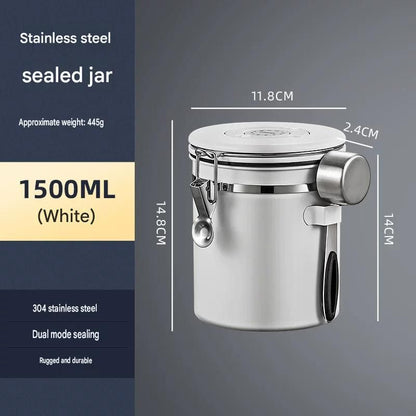 White 304 Stainless Steel Airtight Coffee Canister 1500ml Vacuum Seal Storage Jar with Date Tracker & Measuring Scoop for Coffee Beans Tea Storage