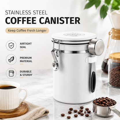 White 304 Stainless Steel Airtight Coffee Canister 1800ml Vacuum Seal Storage Jar with Date Tracker & Measuring Scoop for Coffee Beans Tea Storage