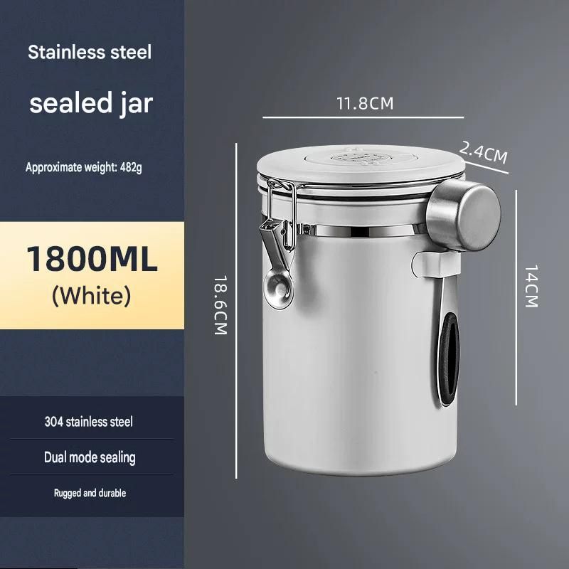 White 304 Stainless Steel Airtight Coffee Canister 1800ml Vacuum Seal Storage Jar with Date Tracker & Measuring Scoop for Coffee Beans Tea Storage