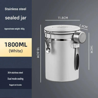 White 304 Stainless Steel Airtight Coffee Canister 1800ml Vacuum Seal Storage Jar with Date Tracker & Measuring Scoop for Coffee Beans Tea Storage