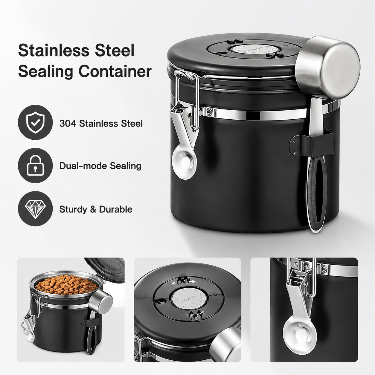 White 304 Stainless Steel Airtight Coffee Canister 1200ml Vacuum Seal Storage Jar with Date Tracker & Measuring Scoop for Coffee Beans Tea Storage