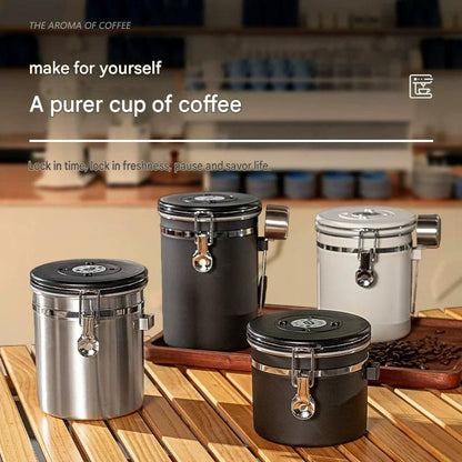 White 304 Stainless Steel Airtight Coffee Canister 1200ml Vacuum Seal Storage Jar with Date Tracker & Measuring Scoop for Coffee Beans Tea Storage