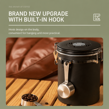 Black 304 Stainless Steel Airtight Coffee Canister 1500ml Vacuum Seal Storage Jar with Date Tracker & Measuring Scoop for Coffee Beans Tea Storage
