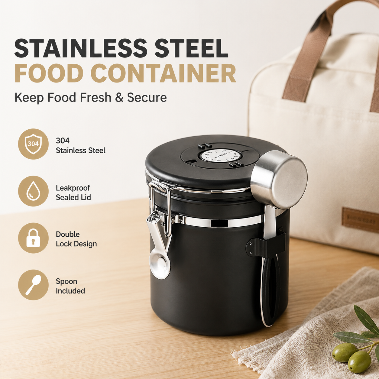Black 304 Stainless Steel Airtight Coffee Canister 1500ml Vacuum Seal Storage Jar with Date Tracker & Measuring Scoop for Coffee Beans Tea Storage