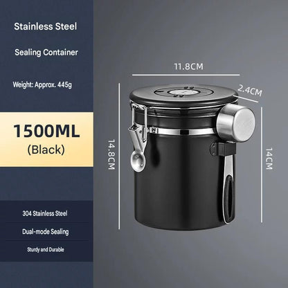 Black 304 Stainless Steel Airtight Coffee Canister 1500ml Vacuum Seal Storage Jar with Date Tracker & Measuring Scoop for Coffee Beans Tea Storage
