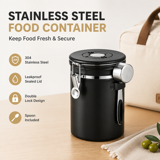 Black 304 Stainless Steel Airtight Coffee Canister 1800ml Vacuum Seal Storage Jar with Date Tracker & Measuring Scoop for Coffee Beans Tea Storage