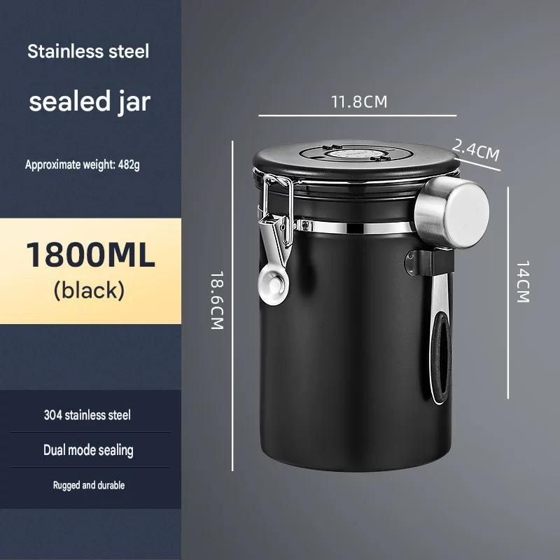 Black 304 Stainless Steel Airtight Coffee Canister 1800ml Vacuum Seal Storage Jar with Date Tracker & Measuring Scoop for Coffee Beans Tea Storage