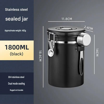 Black 304 Stainless Steel Airtight Coffee Canister 1800ml Vacuum Seal Storage Jar with Date Tracker & Measuring Scoop for Coffee Beans Tea Storage