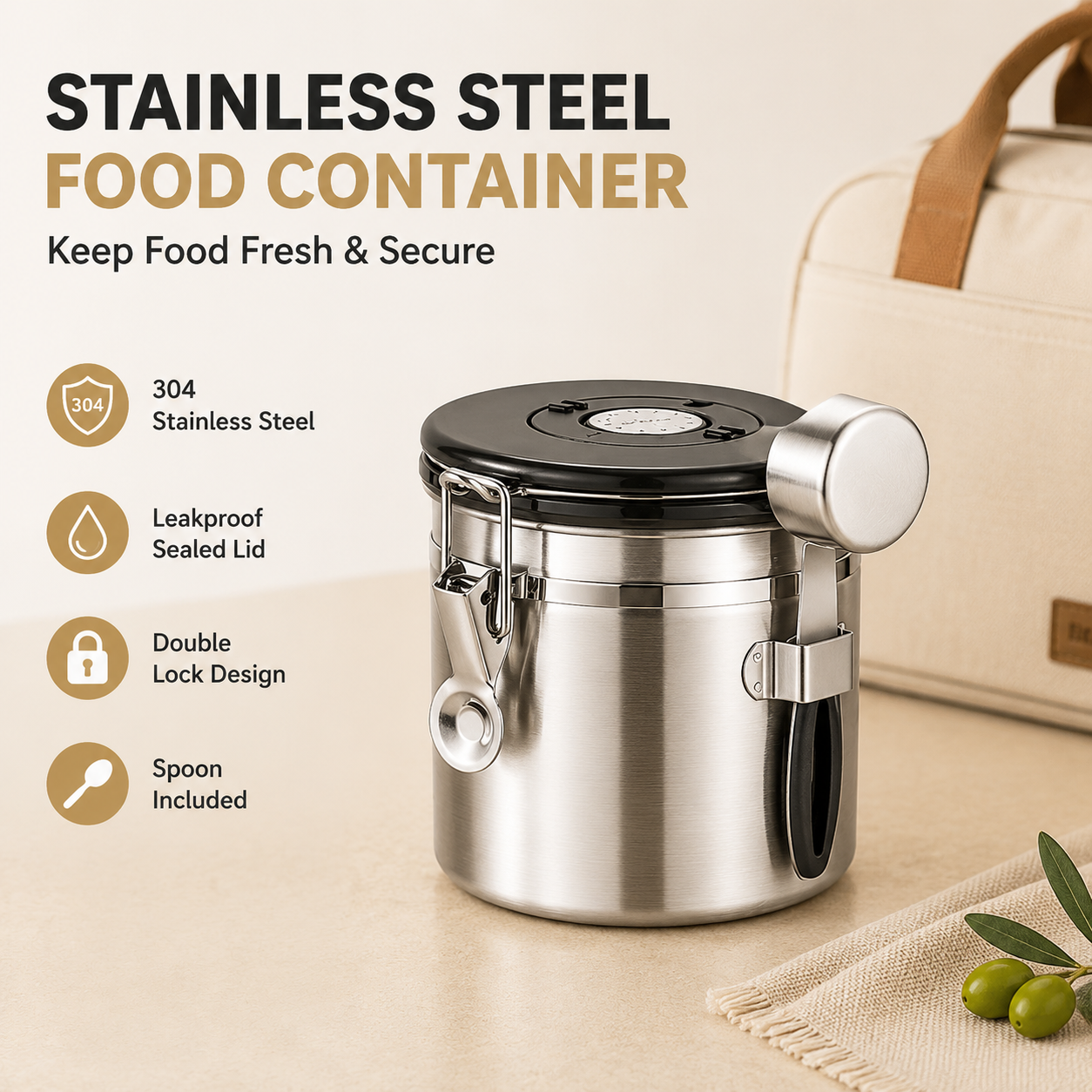 White 304 Stainless Steel Airtight Coffee Canister 1200ml Vacuum Seal Storage Jar with Date Tracker & Measuring Scoop for Coffee Beans Tea Storage