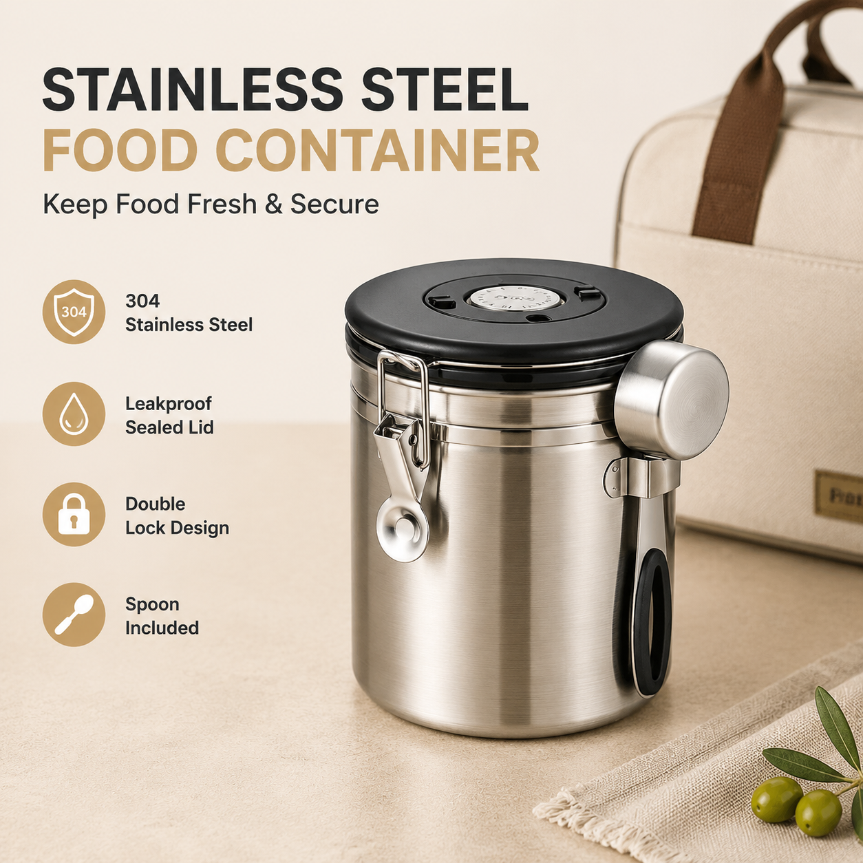 Silver 304 Stainless Steel Airtight Coffee Canister 1500ml Vacuum Seal Storage Jar with Date Tracker & Measuring Scoop for Coffee Beans Tea Storage
