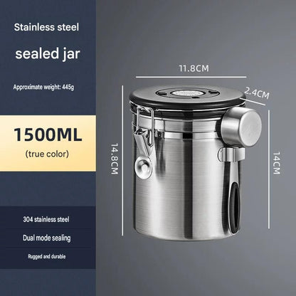 Silver 304 Stainless Steel Airtight Coffee Canister 1500ml Vacuum Seal Storage Jar with Date Tracker & Measuring Scoop for Coffee Beans Tea Storage