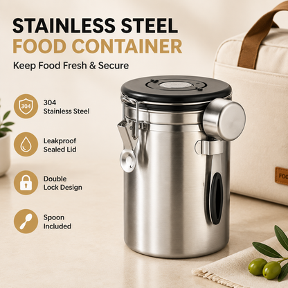 Silver 304 Stainless Steel Airtight Coffee Canister 1800ml Vacuum Seal Storage Jar with Date Tracker & Measuring Scoop for Coffee Beans Tea Storage