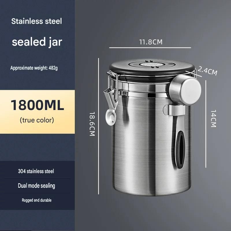 Silver 304 Stainless Steel Airtight Coffee Canister 1800ml Vacuum Seal Storage Jar with Date Tracker & Measuring Scoop for Coffee Beans Tea Storage