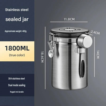 Silver 304 Stainless Steel Airtight Coffee Canister 1800ml Vacuum Seal Storage Jar with Date Tracker & Measuring Scoop for Coffee Beans Tea Storage