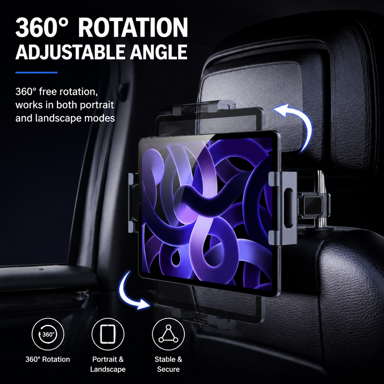 360Â° Rotating Car Back Seat Tablet & Phone Holder â€“ Adjustable Headrest Mount for 4.7â€“12.9 Inch Devices, Universal Car Rear Entertainment Stand