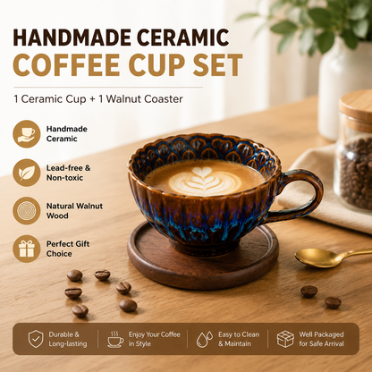 Blue Handmade Ceramic Coffee Cup Set with Walnut Coaster â€“ Kiln-Glazed Espresso Mug 180ml, Premium Coffee & Tea Cup Gift Set
