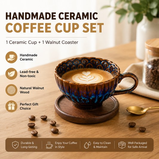 Blue Handmade Ceramic Coffee Cup Set with Walnut Coaster â€“ Kiln-Glazed Espresso Mug 180ml, Premium Coffee & Tea Cup Gift Set