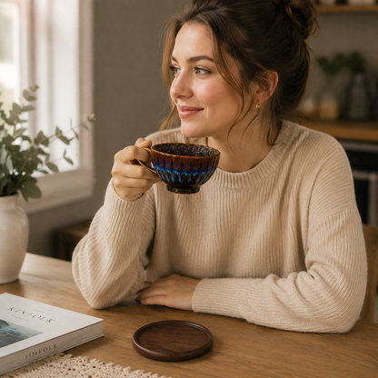 Blue Handmade Ceramic Coffee Cup Set with Walnut Coaster â€“ Kiln-Glazed Espresso Mug 180ml, Premium Coffee & Tea Cup Gift Set