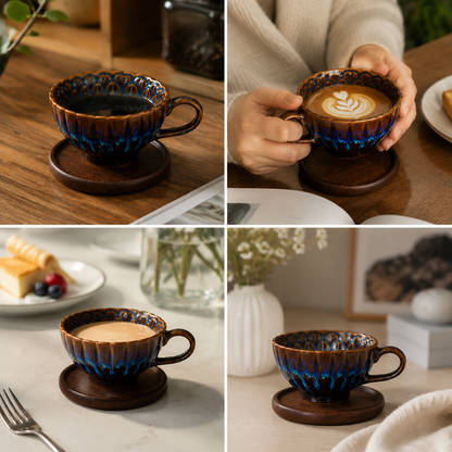 Blue Handmade Ceramic Coffee Cup Set with Walnut Coaster â€“ Kiln-Glazed Espresso Mug 180ml, Premium Coffee & Tea Cup Gift Set