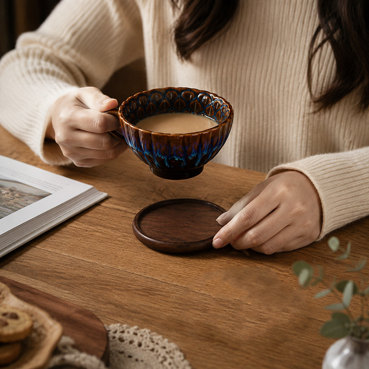 Blue Handmade Ceramic Coffee Cup Set with Walnut Coaster â€“ Kiln-Glazed Espresso Mug 180ml, Premium Coffee & Tea Cup Gift Set