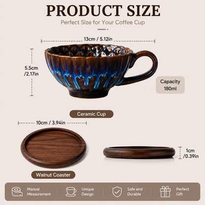 Blue Handmade Ceramic Coffee Cup Set with Walnut Coaster â€“ Kiln-Glazed Espresso Mug 180ml, Premium Coffee & Tea Cup Gift Set