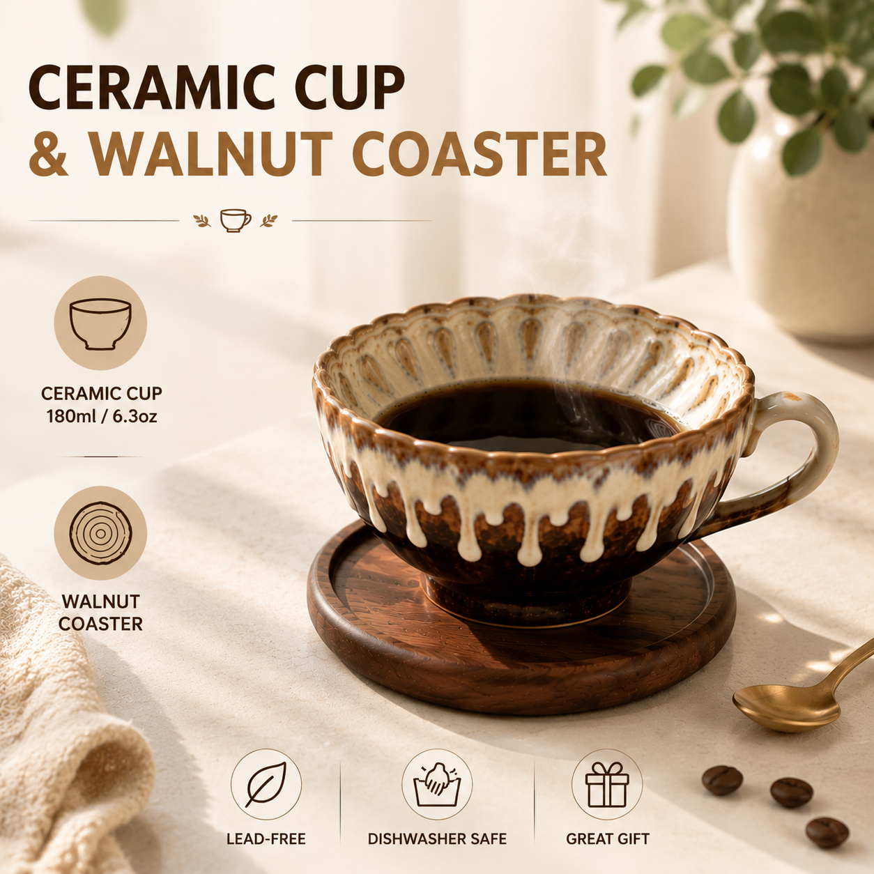 Brown and white Handmade Ceramic Coffee Cup Set with Walnut Coaster â€“ Kiln-Glazed Espresso Mug 180ml, Premium Coffee & Tea Cup Gift Set