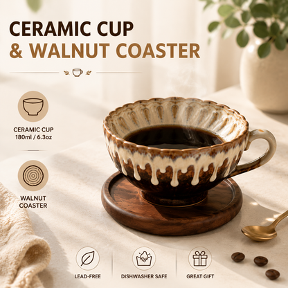Brown and white Handmade Ceramic Coffee Cup Set with Walnut Coaster â€“ Kiln-Glazed Espresso Mug 180ml, Premium Coffee & Tea Cup Gift Set