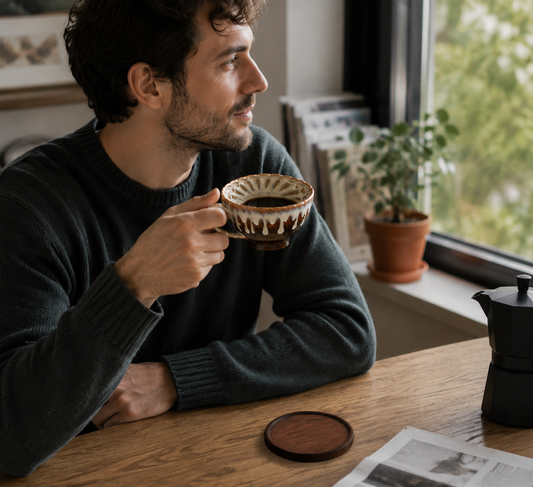 Brown and white Handmade Ceramic Coffee Cup Set with Walnut Coaster â€“ Kiln-Glazed Espresso Mug 180ml, Premium Coffee & Tea Cup Gift Set