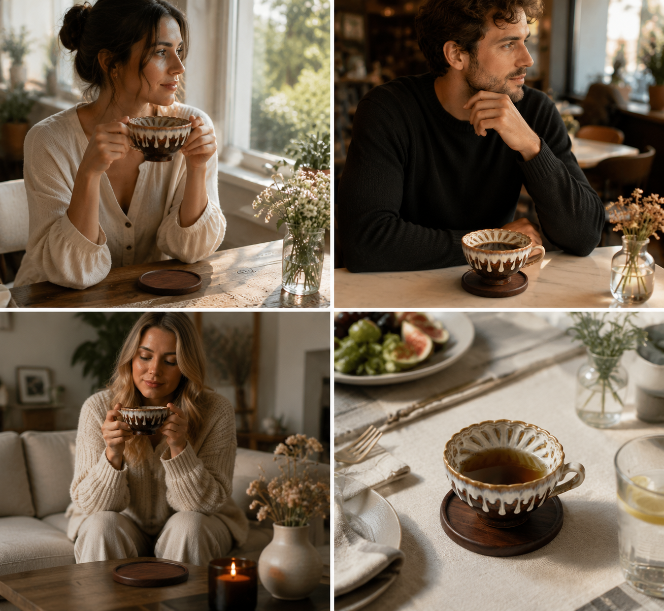 Brown and white Handmade Ceramic Coffee Cup Set with Walnut Coaster â€“ Kiln-Glazed Espresso Mug 180ml, Premium Coffee & Tea Cup Gift Set