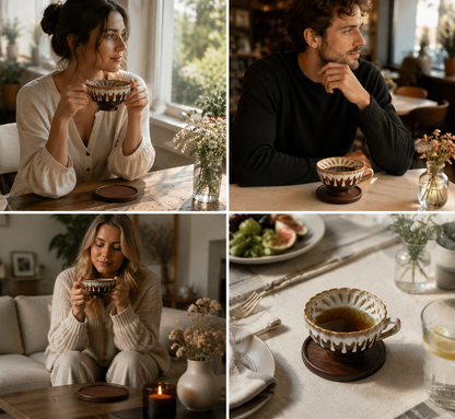 Brown and white Handmade Ceramic Coffee Cup Set with Walnut Coaster â€“ Kiln-Glazed Espresso Mug 180ml, Premium Coffee & Tea Cup Gift Set