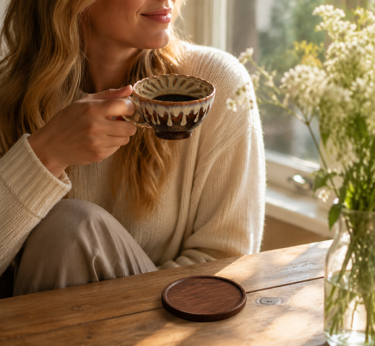 Brown and white Handmade Ceramic Coffee Cup Set with Walnut Coaster â€“ Kiln-Glazed Espresso Mug 180ml, Premium Coffee & Tea Cup Gift Set