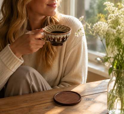 Brown and white Handmade Ceramic Coffee Cup Set with Walnut Coaster â€“ Kiln-Glazed Espresso Mug 180ml, Premium Coffee & Tea Cup Gift Set