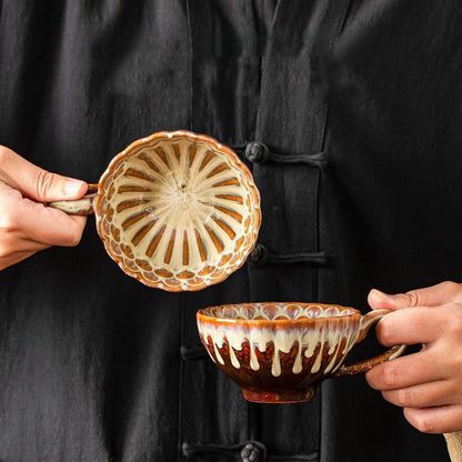 Brown and white Handmade Ceramic Coffee Cup Set with Walnut Coaster â€“ Kiln-Glazed Espresso Mug 180ml, Premium Coffee & Tea Cup Gift Set