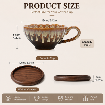 Brown and white Handmade Ceramic Coffee Cup Set with Walnut Coaster â€“ Kiln-Glazed Espresso Mug 180ml, Premium Coffee & Tea Cup Gift Set