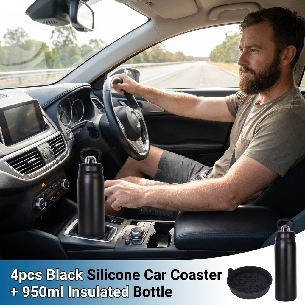 950ml Insulated Stainless Steel Bottle with 4PCS Silicone Anti-Slip Car Cup Coasters â€“ Leakproof Travel Drink Set for Car & Home Use