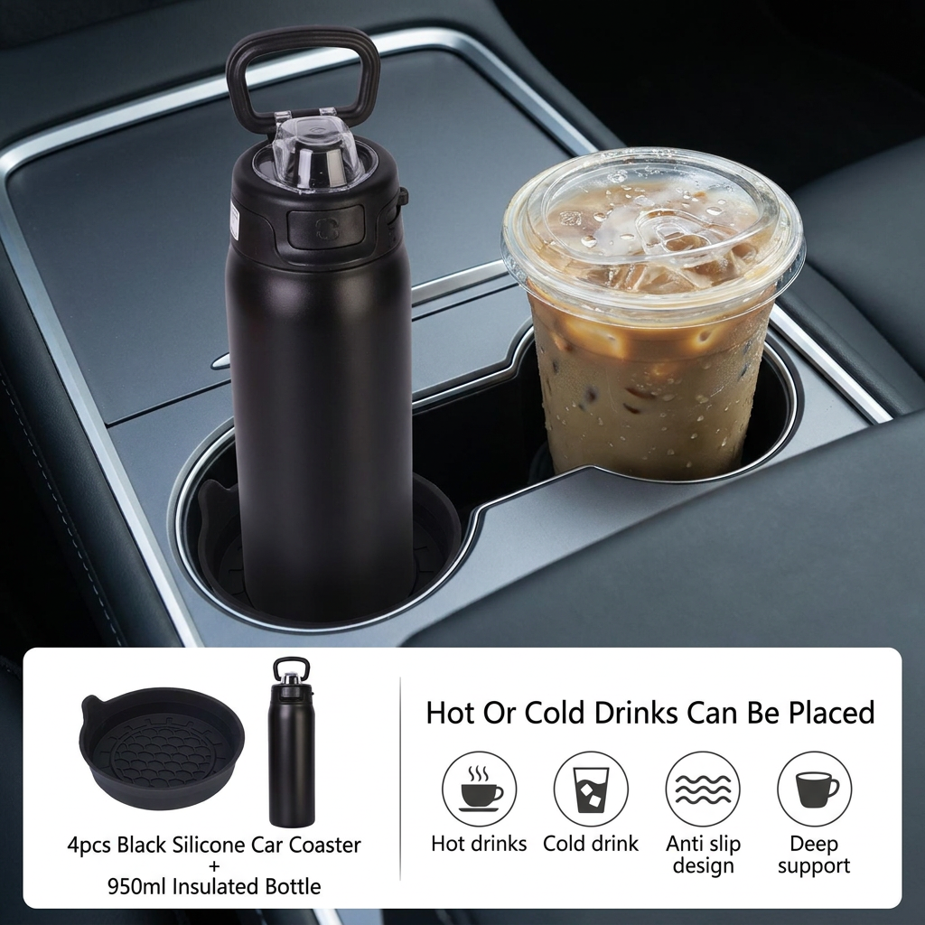 950ml Insulated Stainless Steel Bottle with 4PCS Silicone Anti-Slip Car Cup Coasters â€“ Leakproof Travel Drink Set for Car & Home Use