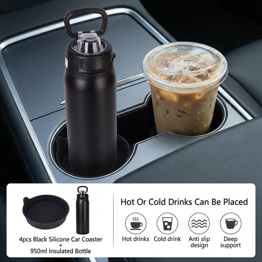 950ml Insulated Stainless Steel Bottle with 4PCS Silicone Anti-Slip Car Cup Coasters â€“ Leakproof Travel Drink Set for Car & Home Use
