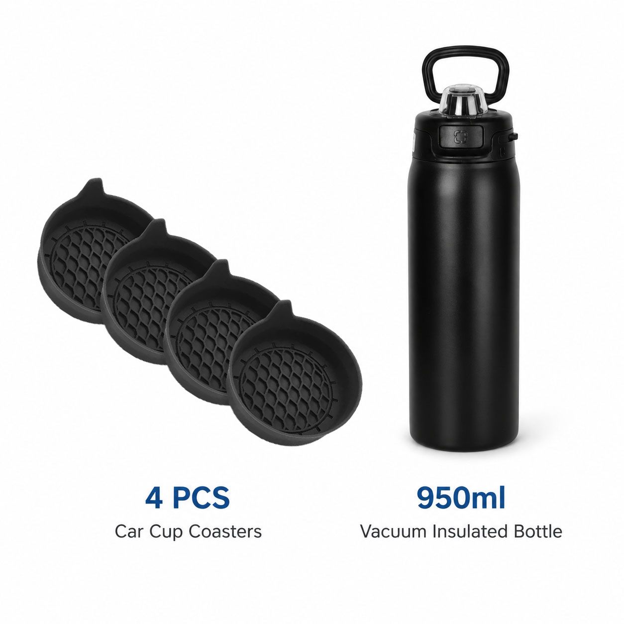950ml Insulated Stainless Steel Bottle with 4PCS Silicone Anti-Slip Car Cup Coasters â€“ Leakproof Travel Drink Set for Car & Home Use