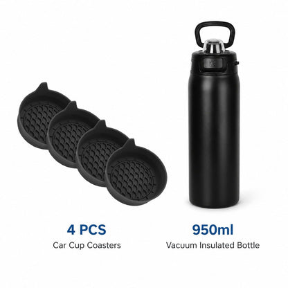950ml Insulated Stainless Steel Bottle with 4PCS Silicone Anti-Slip Car Cup Coasters â€“ Leakproof Travel Drink Set for Car & Home Use