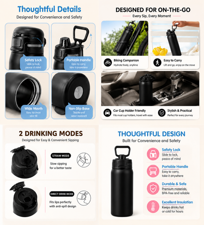 950ml Insulated Stainless Steel Bottle with 4PCS Silicone Anti-Slip Car Cup Coasters â€“ Leakproof Travel Drink Set for Car & Home Use